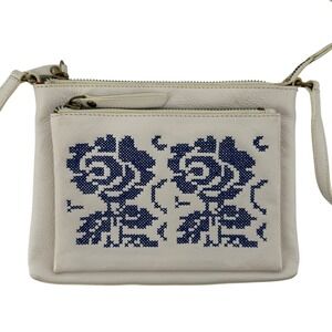 Clever Carriage Company Cross Stitch Rose Leather Crossbody Purse White Blue